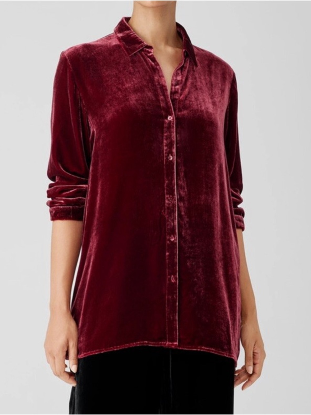 Eileen Fisher Velvet Button-Down Blouse in Burgundy in XL
